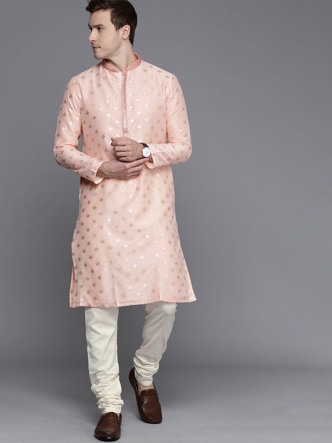 manyavar-men-peach-coloured-ethnic-motifs-zari-chanderi-silk-jacquard-kurta-with-churidar
