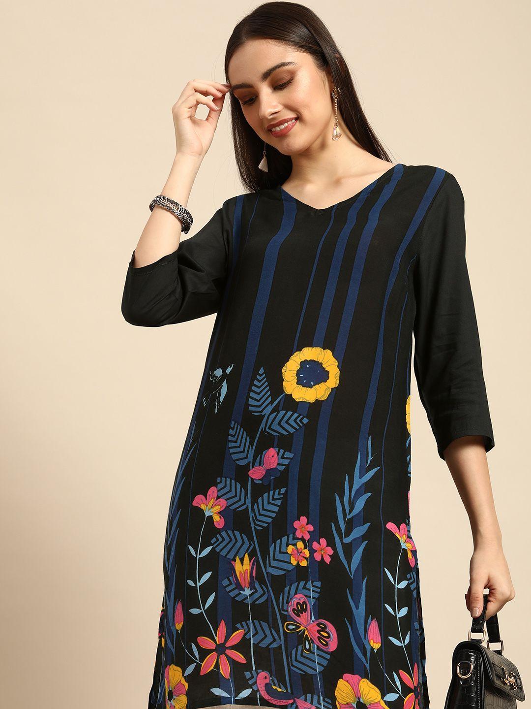 anouk-women-black-&-blue-floral-printed-v-neck-kurti