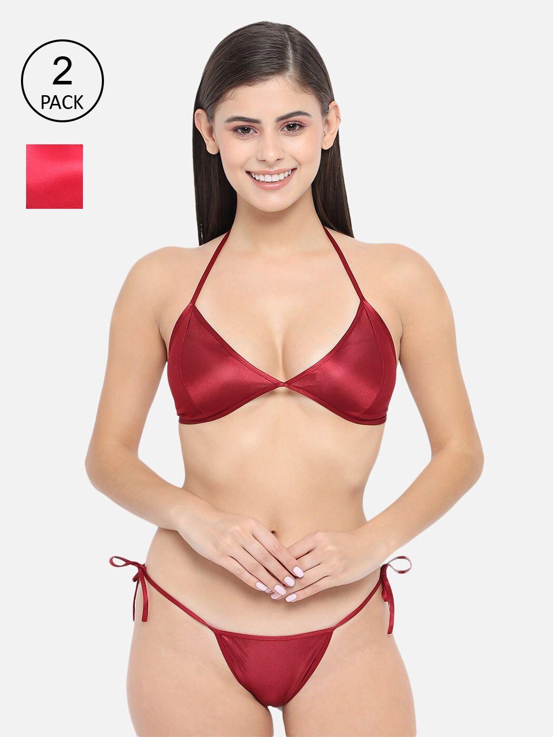 klamotten-women-pack-of-2-red-&-maroon-solid-lingerie-set