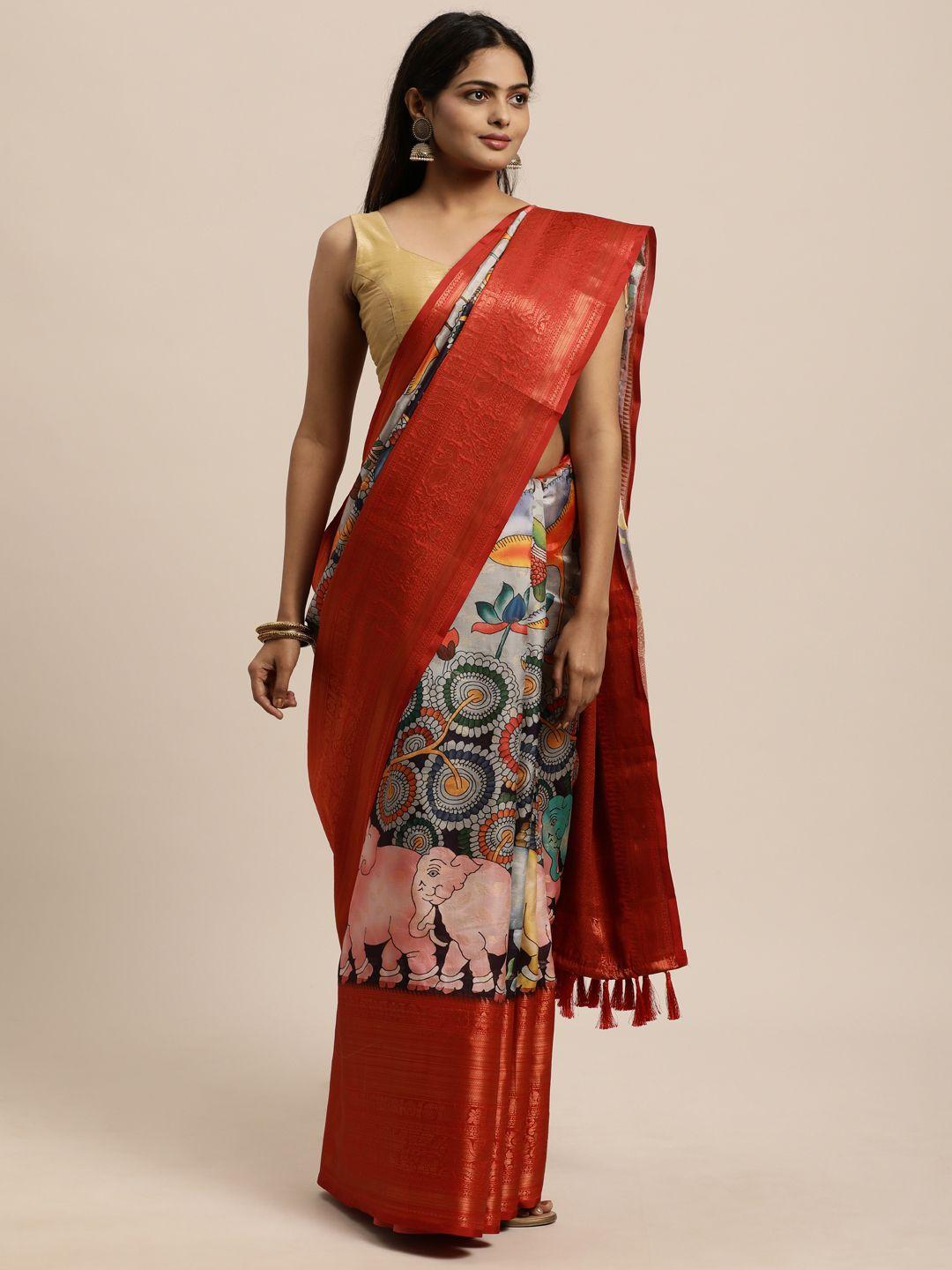 vastranand-red-kalamkari-zari-silk-blend-kanjeevaram-saree