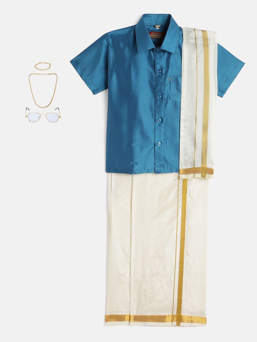 thangamagan-boys-teal-blue-&-cream-coloured-shirt---lungi---angavastram-&-accessories