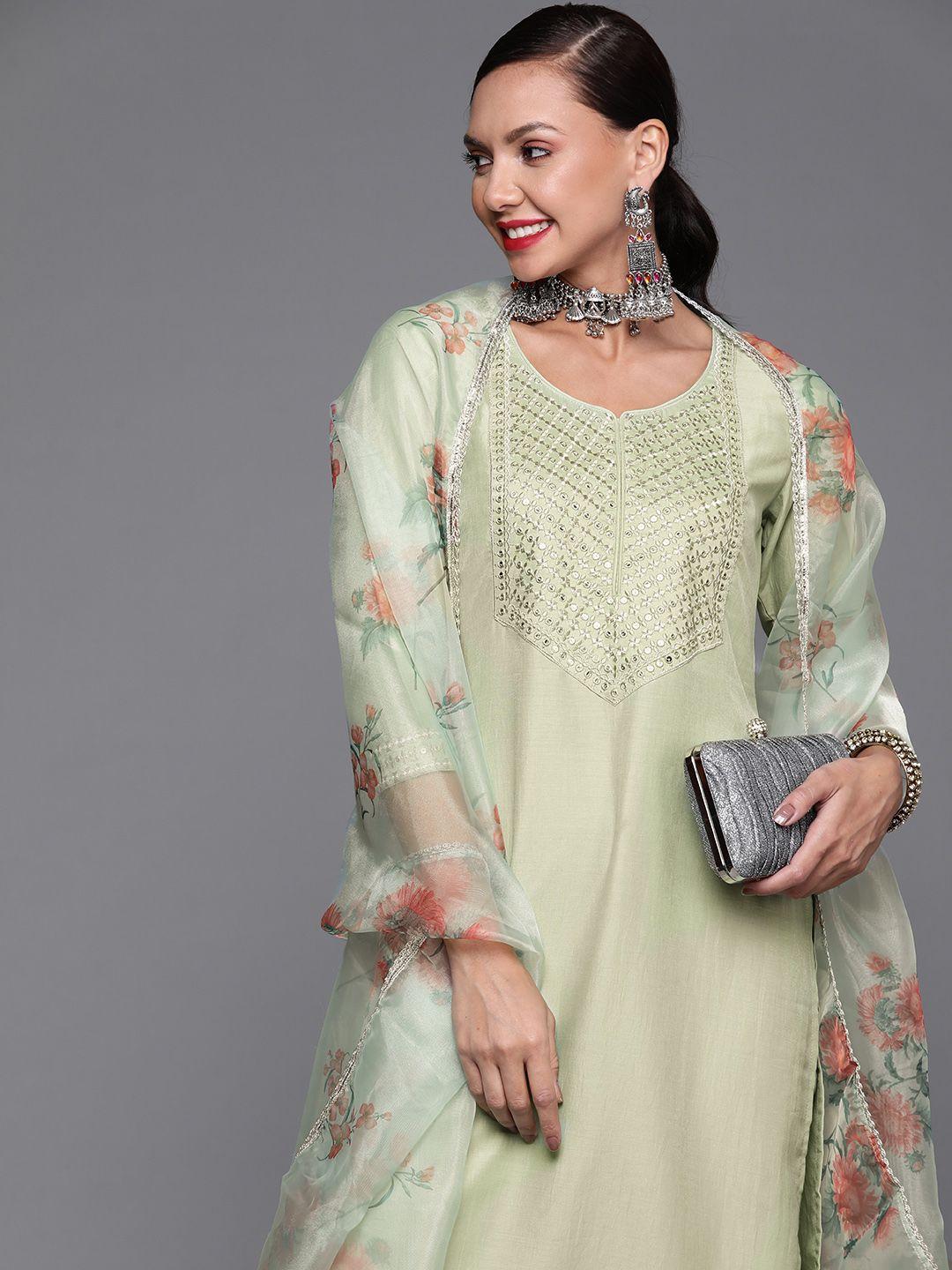 indo-era-women-green-yoke-design-mirror-work-kurta-with-trousers-&-dupatta
