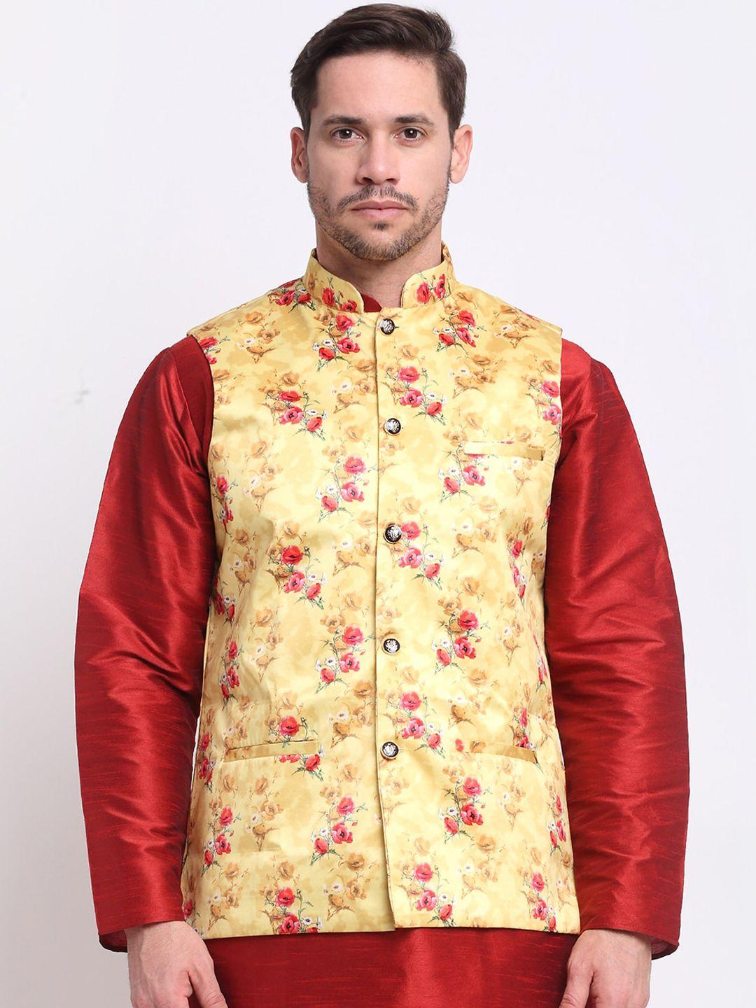 kraft-india-men-yellow-&-red-floral-printed-satin-nehru-jacket