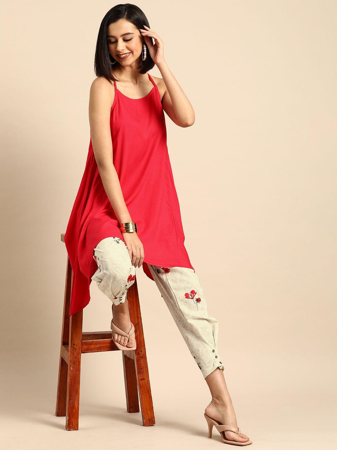 anouk-women-red-&-beige-solid-kurti-with-floral-trousers