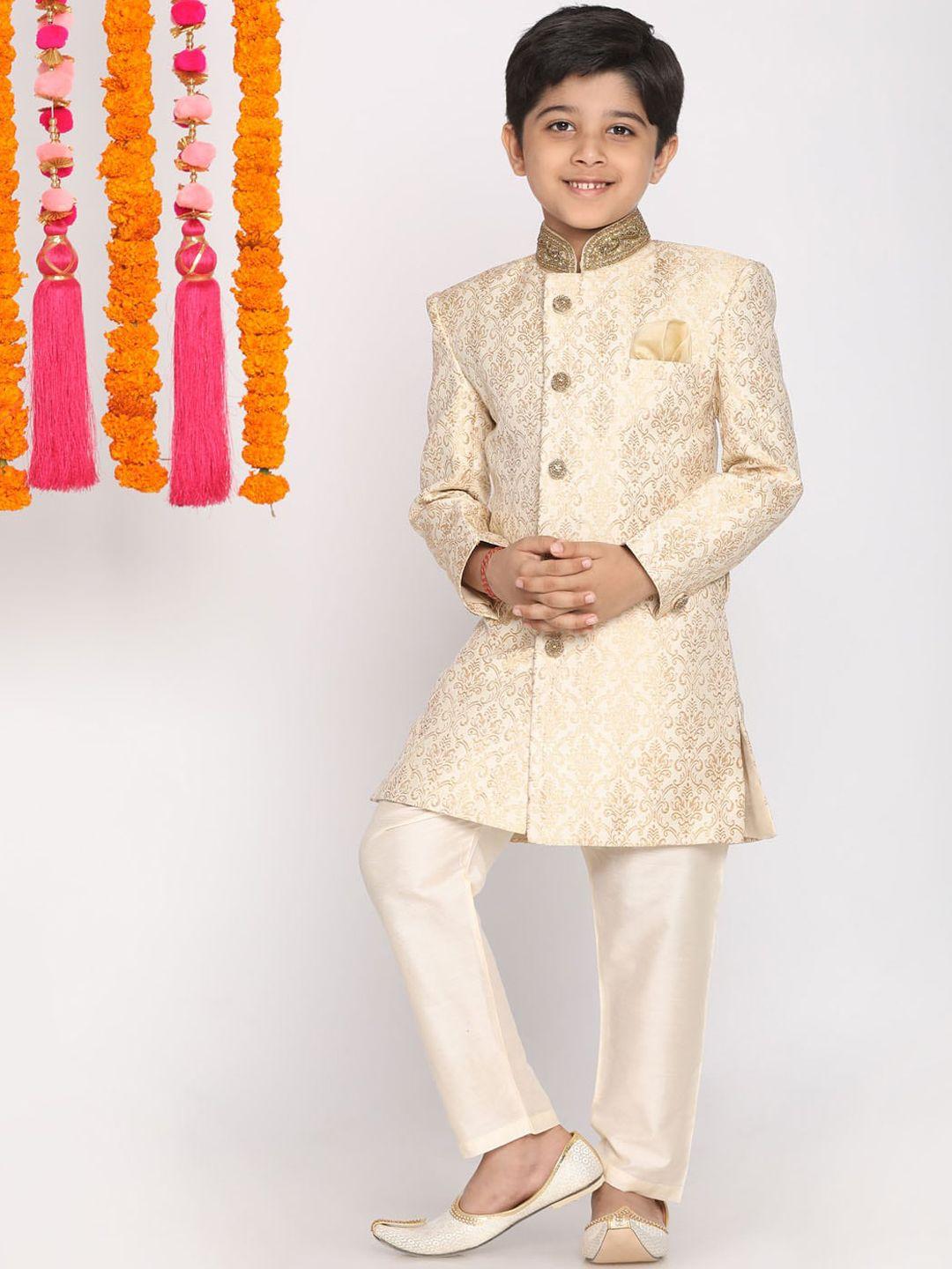 vastramay-boys-beige-&-cream-coloured-slim-fit-sherwani-set