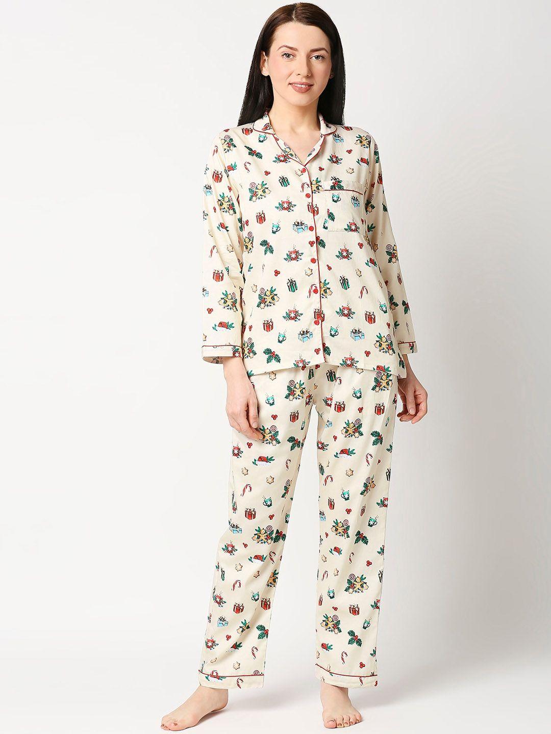 pyjama-party-women-cream-coloured-&-green-printed-pure-cotton-night-suit