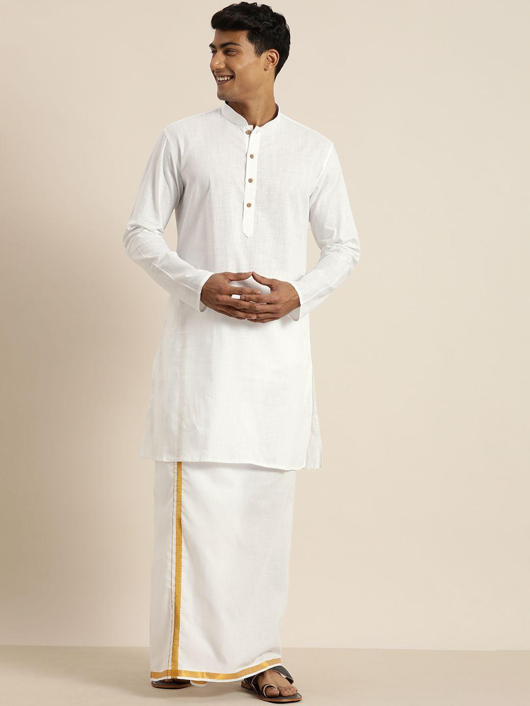 vastramay-men-white-cotton-blend-kurta-and-mundu-set