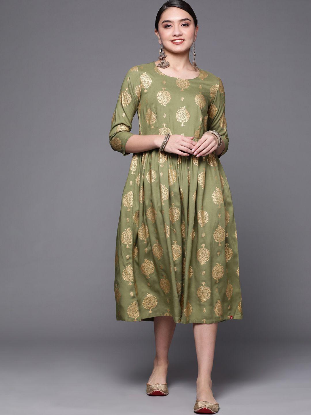biba-women-olive-green-&-golden-ethnic-motifs-print-a-line-midi-dress