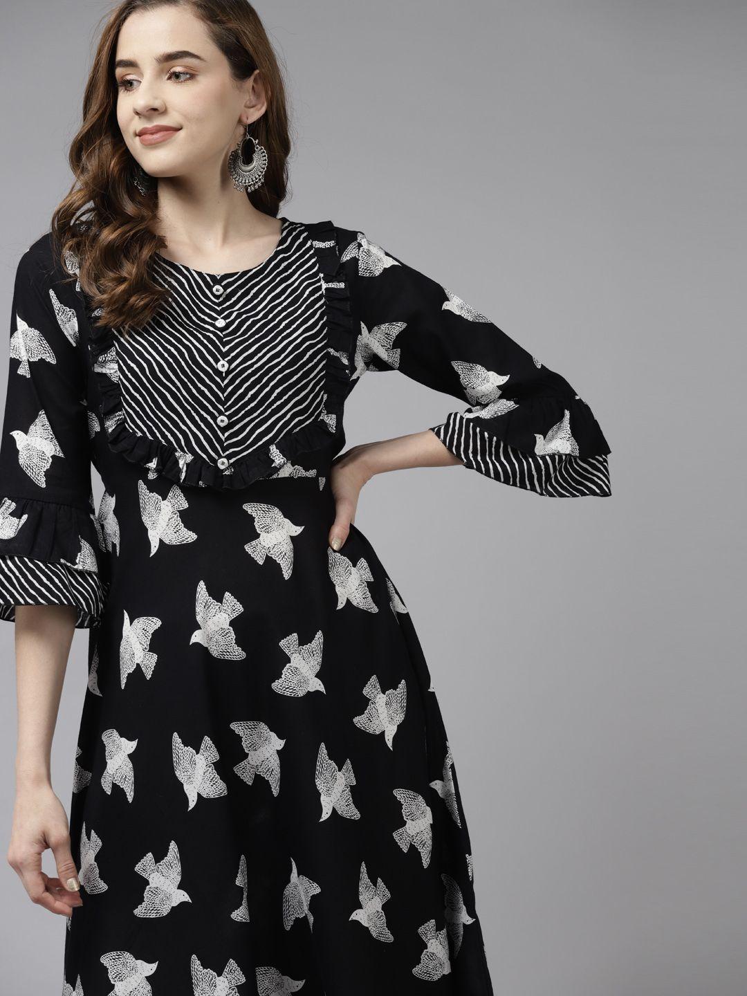 yufta-black-&-white-pure-cotton-bird-print-maxi-flared-dress