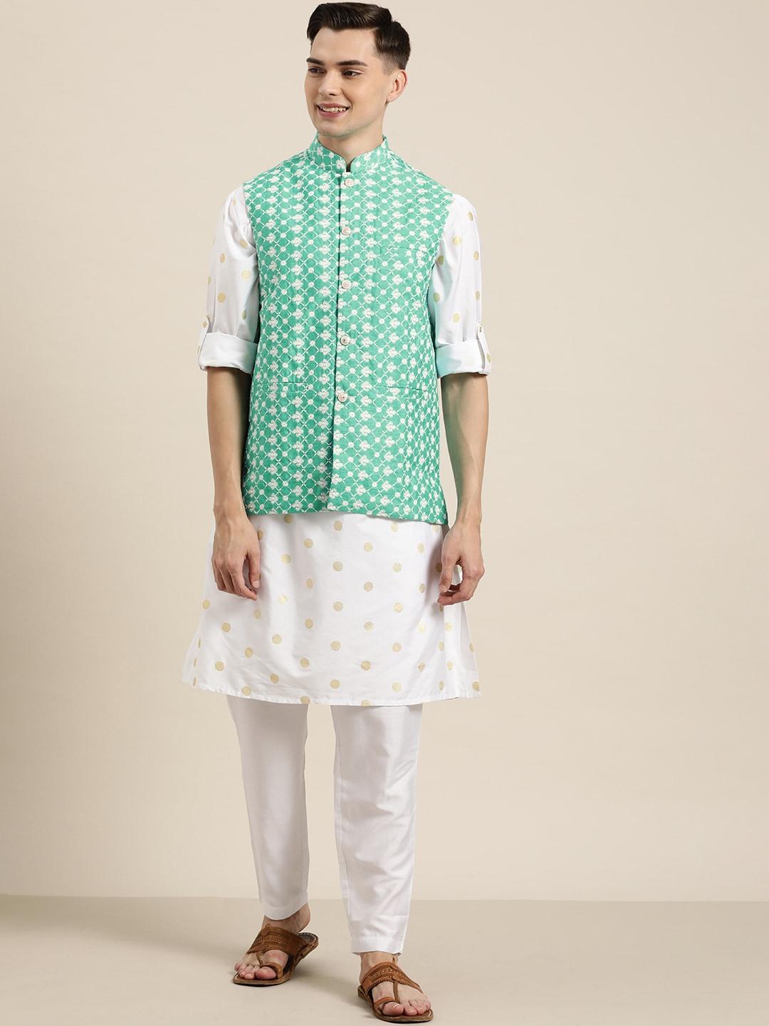 sojanya-men-green-&-white-chikankari-embroidered-nehru-jacket