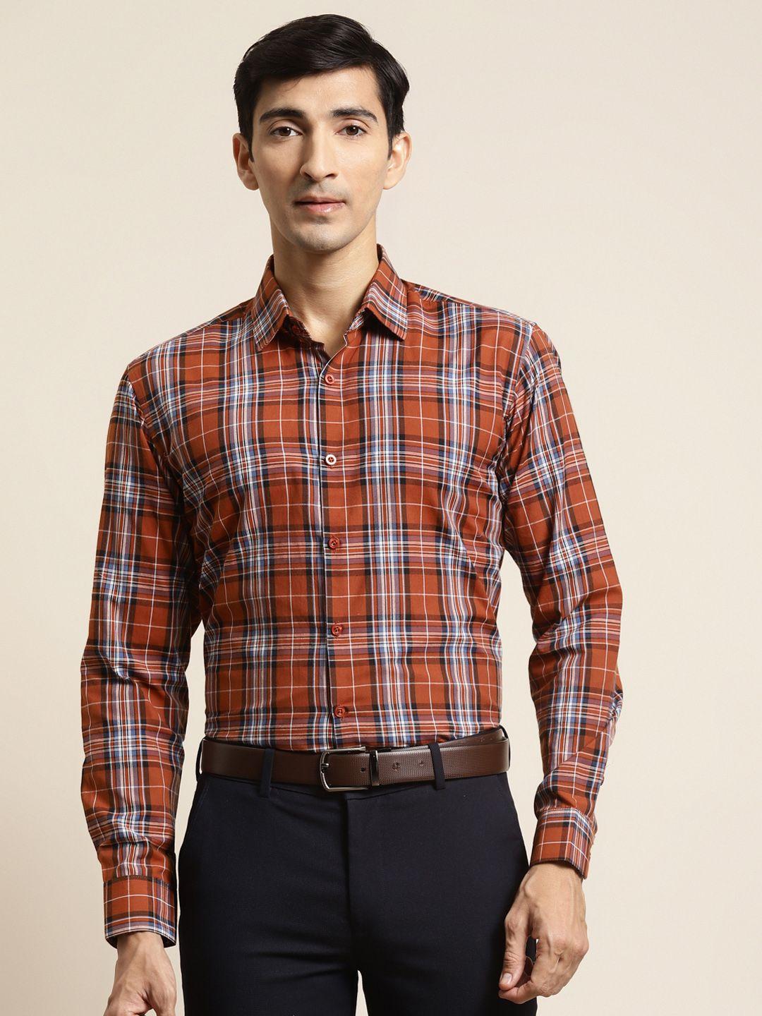 sojanya-men-rust-brown-&-blue-cotton-classic-fit-checked-formal-shirt