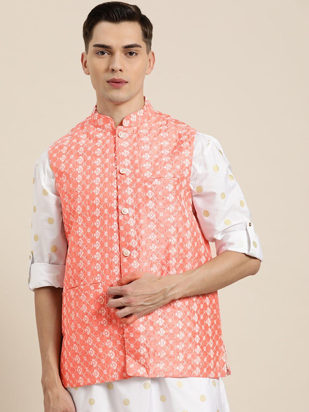 sojanya-men-peach-coloured-&-white-chikankari-embroidered-nehru-jacket