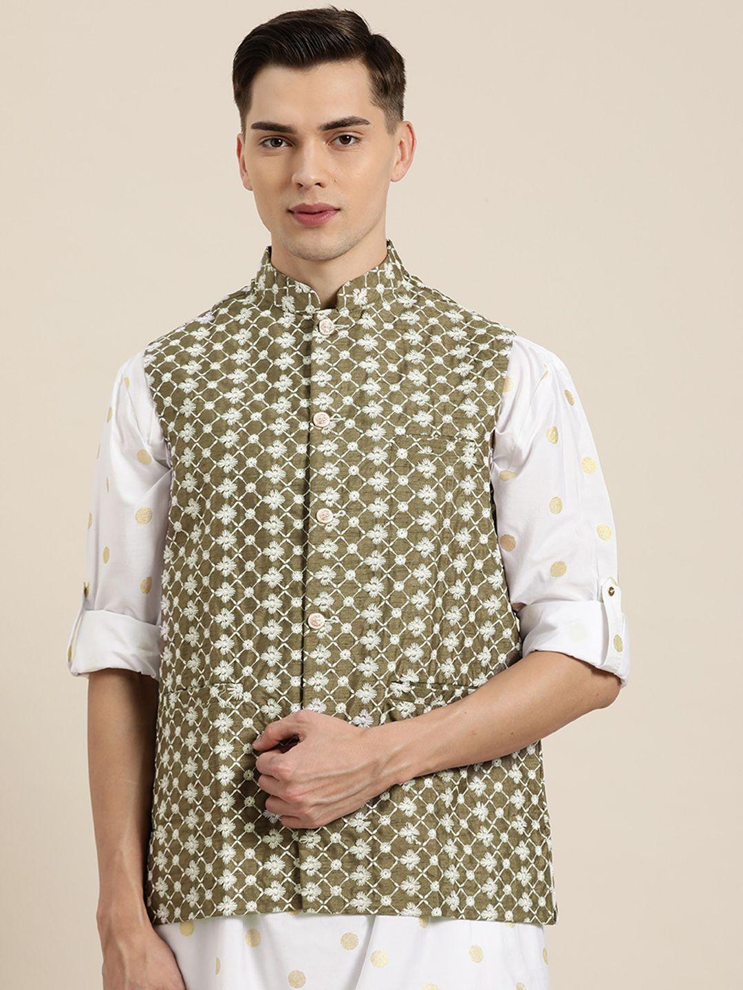 sojanya-men-olive-green-&-white-chikankari-embroidered-nehru-jacket