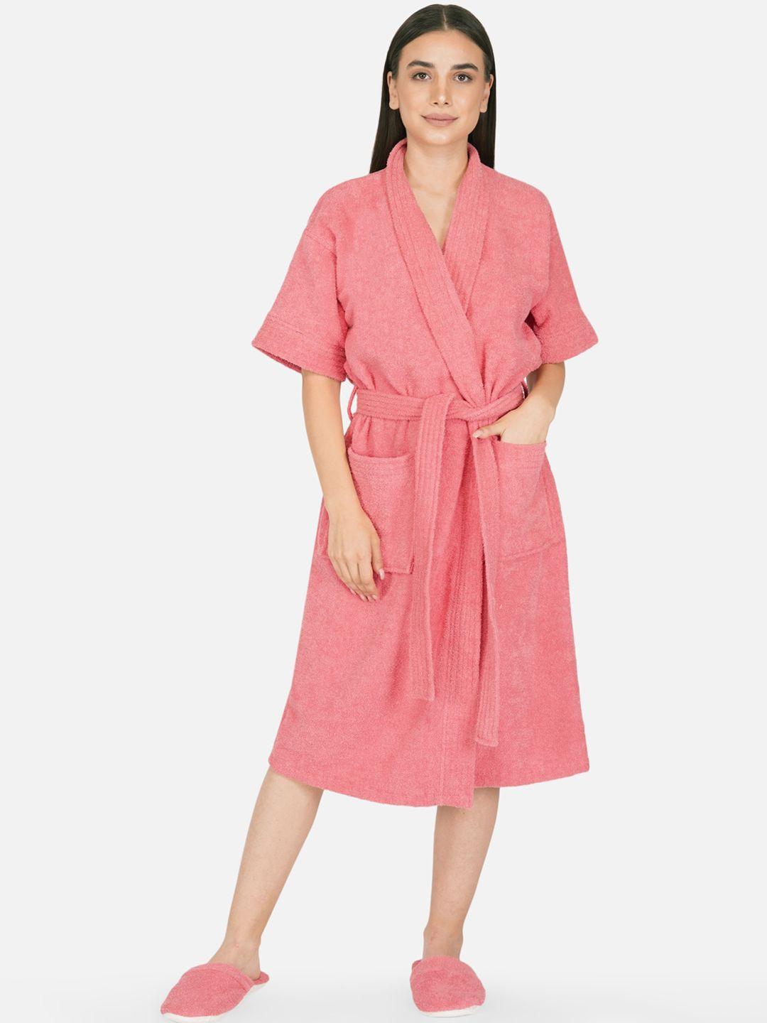 rangoli-unisex-coral-red-pure-cotton-400-gsm-bathrobe-with-room-slippers
