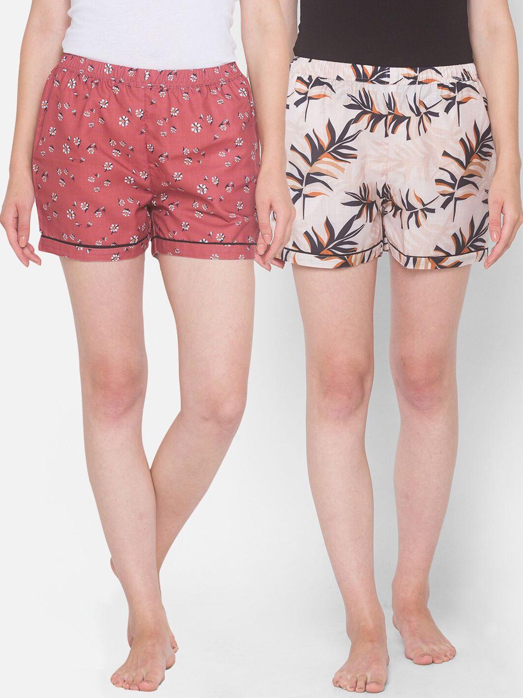 fashionrack-women-pack-of-2-mauve-&-off-white-printed-lounge-shorts