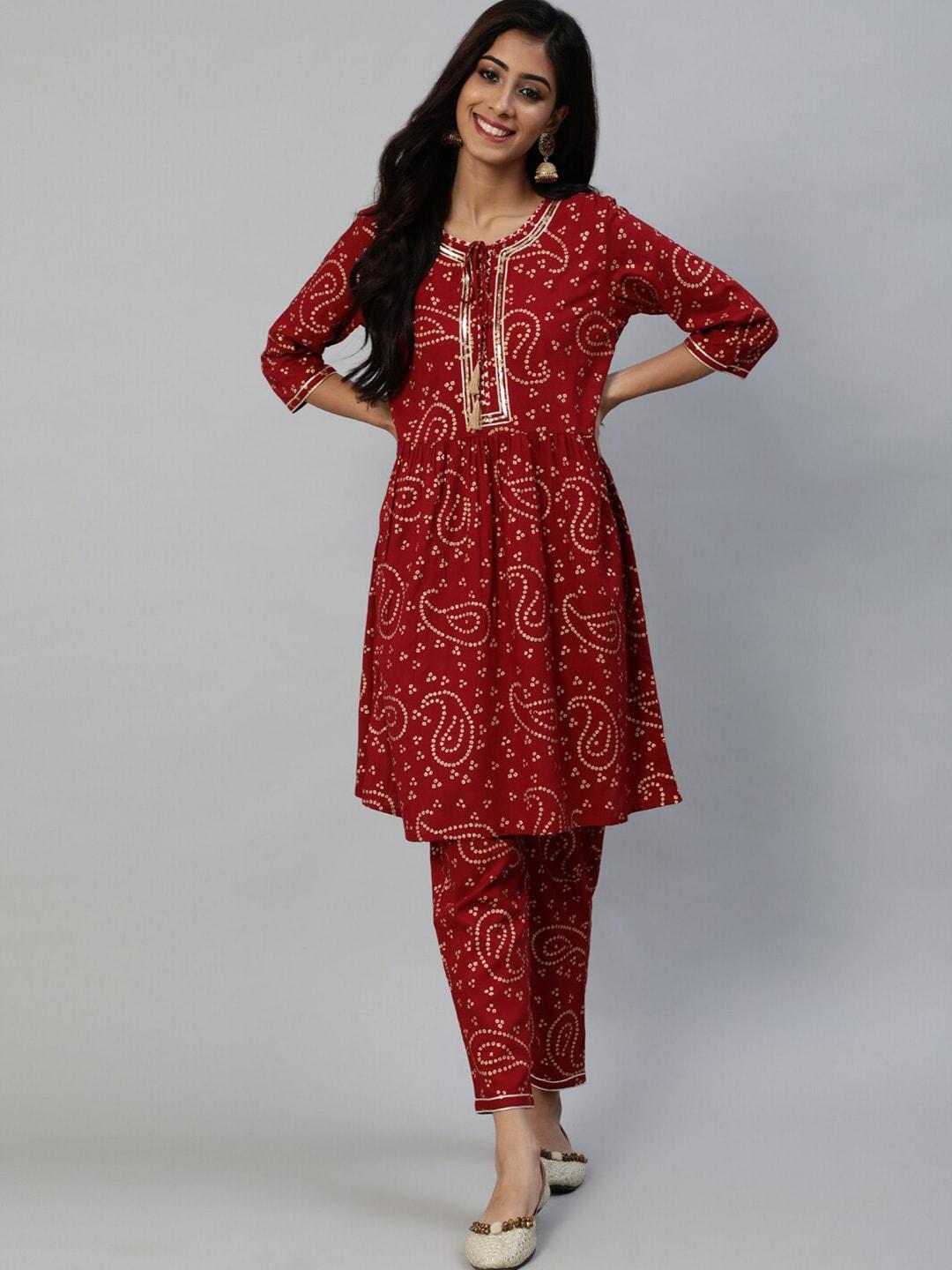 anubhutee-women-maroon-bandhani-printed-gotta-patti-kurta-with-trousers