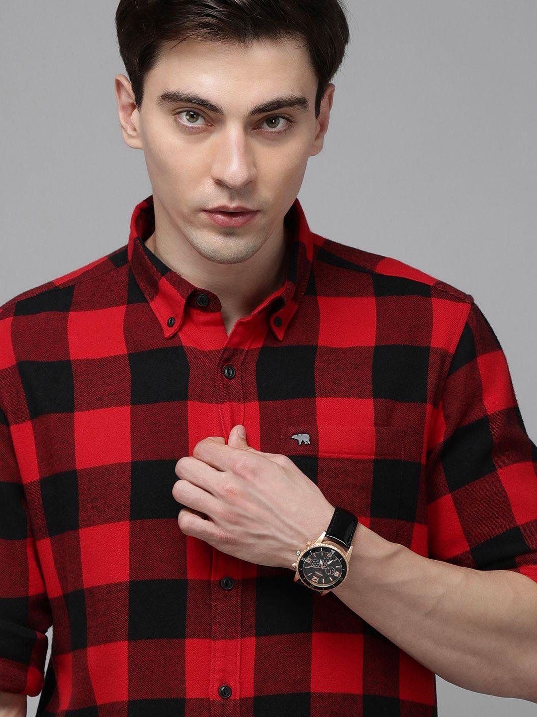 the-bear-house-men-red-flannel-slim-fit-pure-cotton-checked-casual-shirt