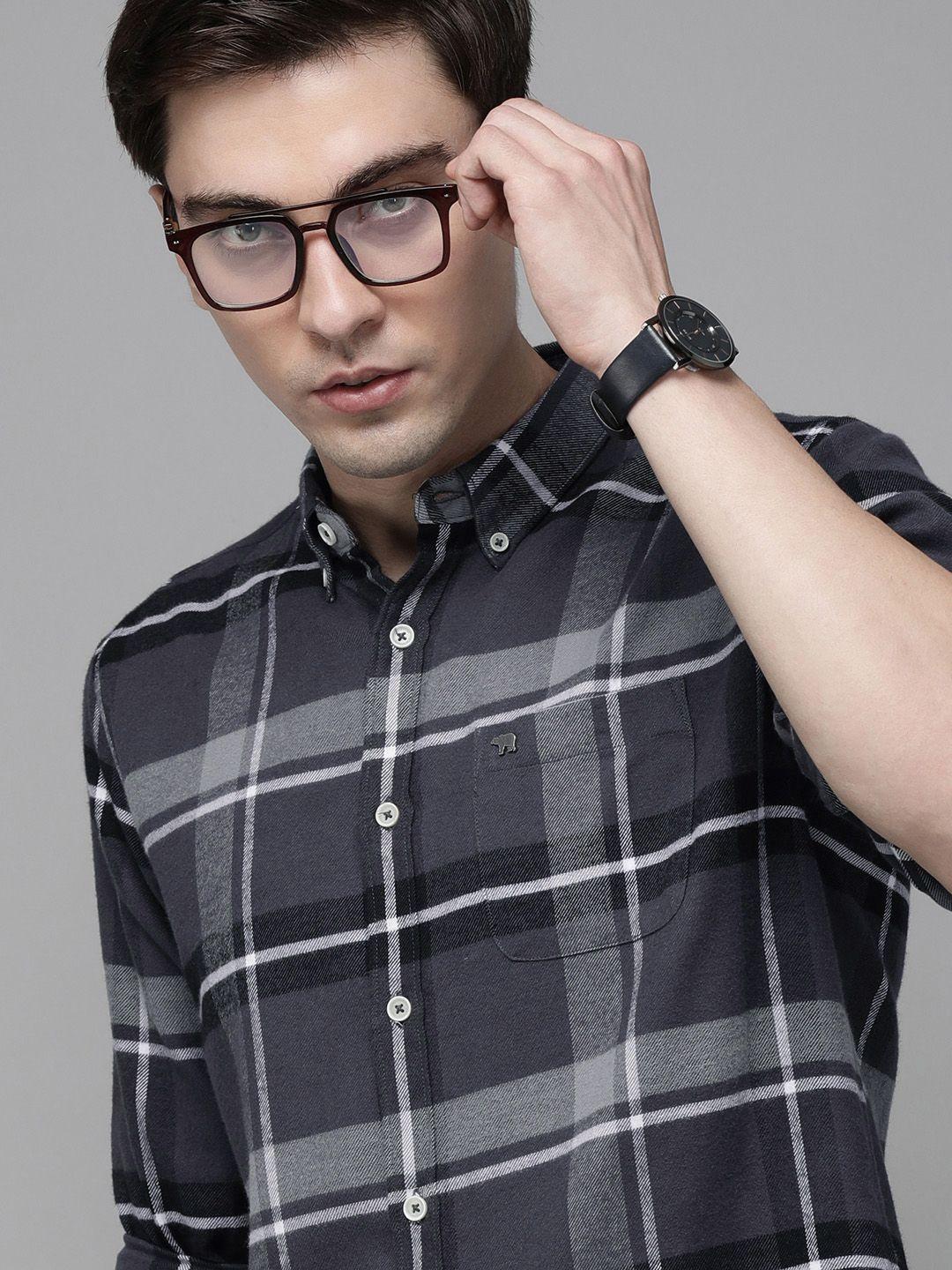 the-bear-house-men-grey-flannel-slim-fit-pure-cotton-checked-casual-shirt