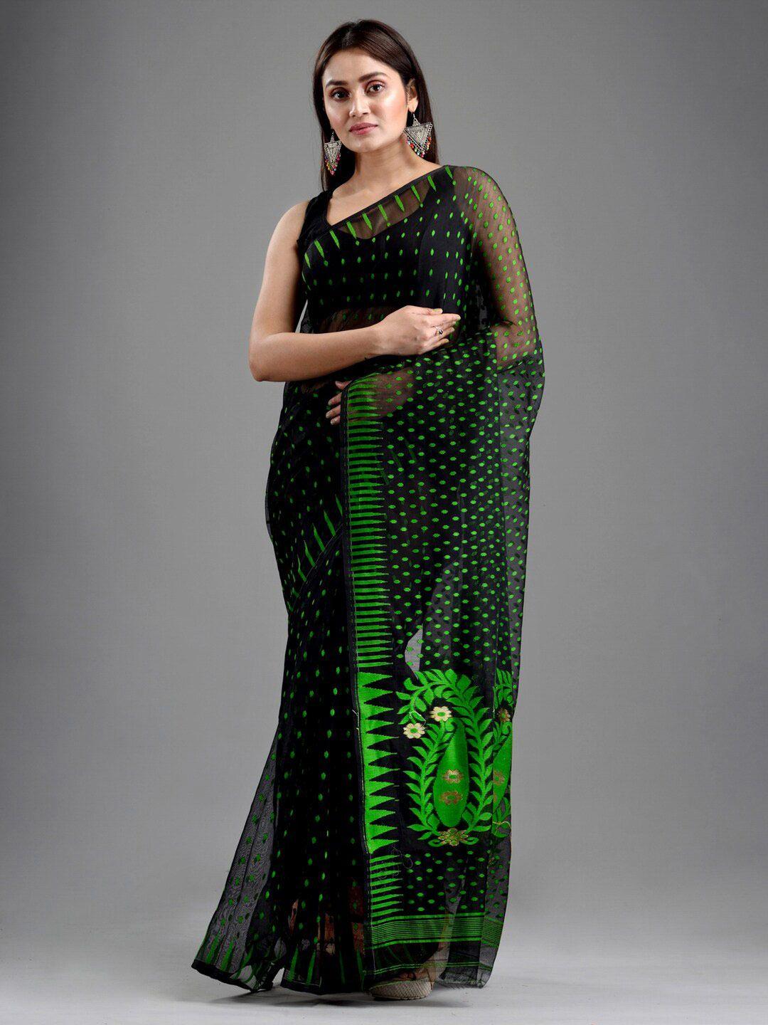 mitera-black-&-green-ethnic-motifs-silk-cotton-jamdani-saree