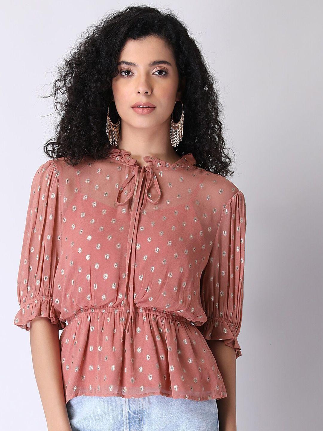 faballey-pink-tie-up-neck-georgette-cinched-waist-top