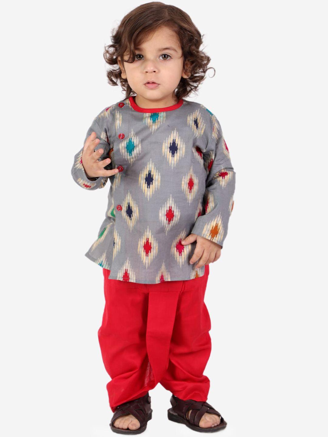 kid1-boys-grey-&-red-printed-pure-cotton-kurta-with-dhoti-pants