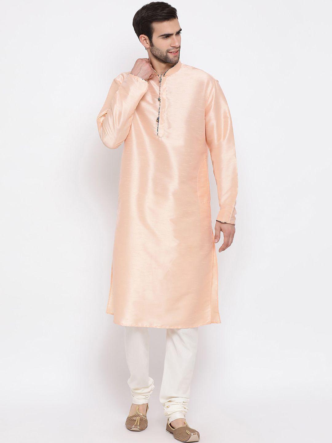 vastramay-men-peach-coloured-&-white-kurta-with-churidar