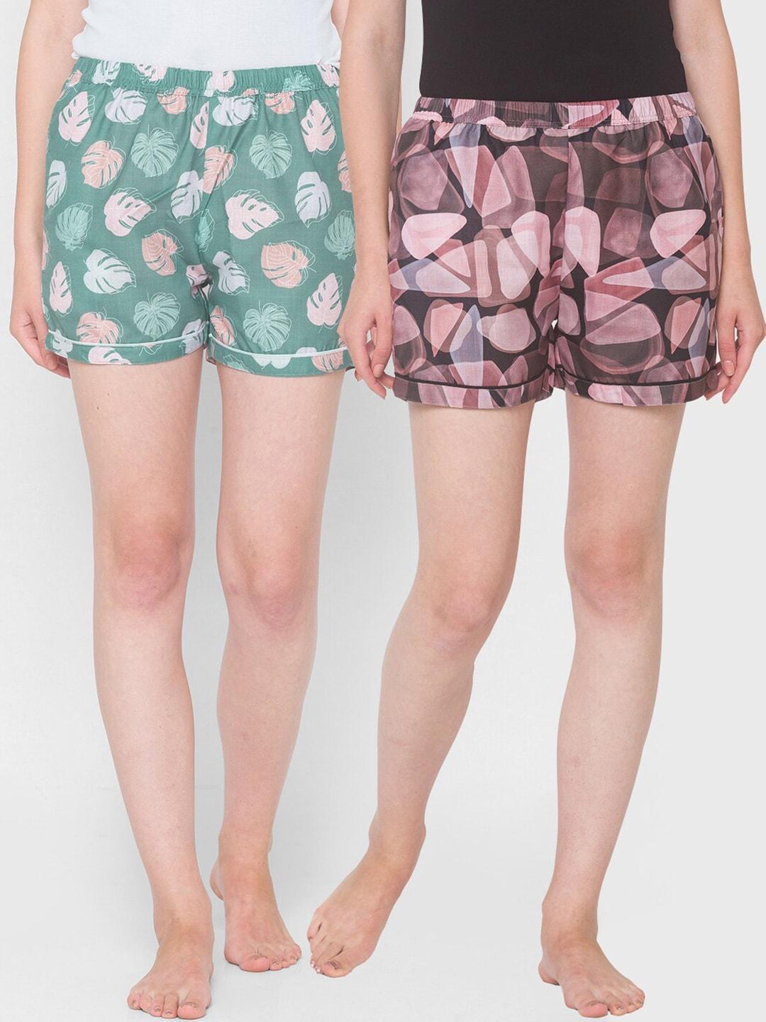 fashionrack-women-green-&-black-pack-of-2-floral-printed-cotton-lounge-shorts