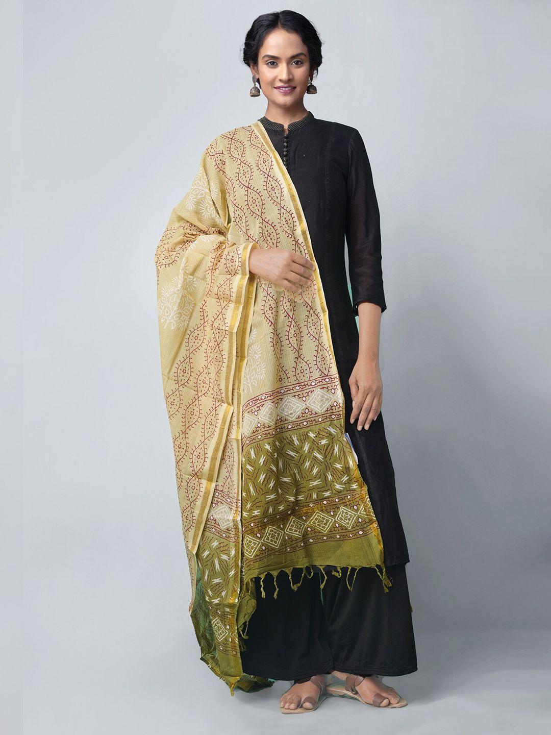 unnati-silks-brown-&-green-ethnic-motifs-printed-block-print-dupatta