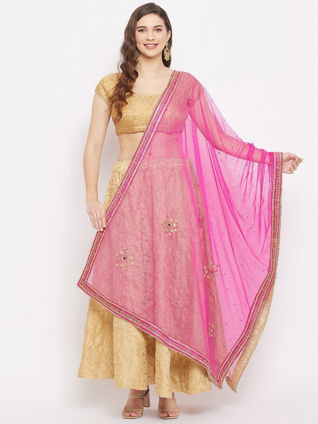 clora-creation-magenta-&-gold-toned-embroidered-net-dupatta-with-beads-&-stones