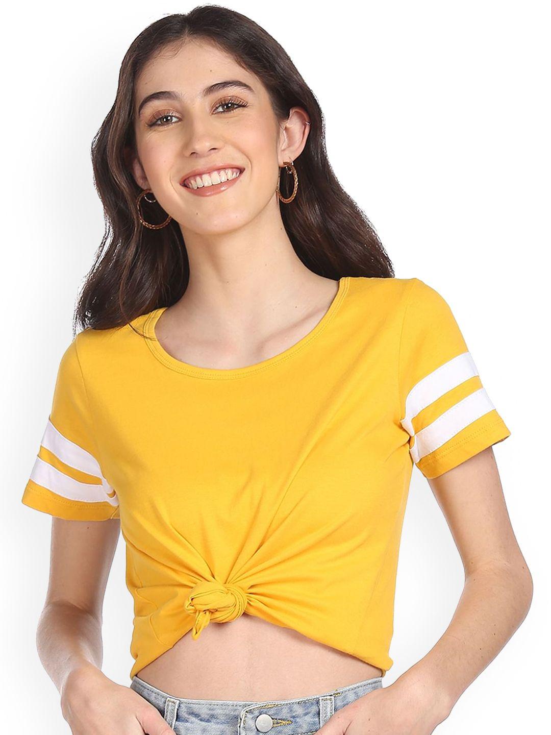 sugr-women-yellow-v-neck-drop-shoulder-sleeves-raw-edge-t-shirt