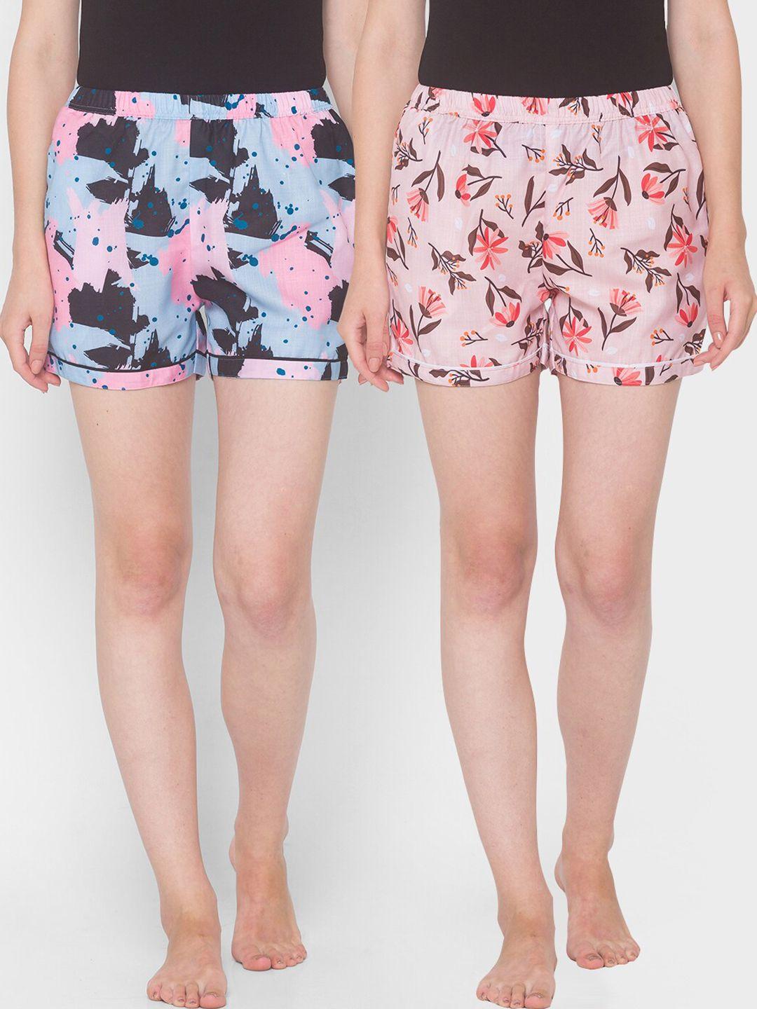 fashionrack-women-pack-of-2-pink-&-blue-printed-lounge-shorts