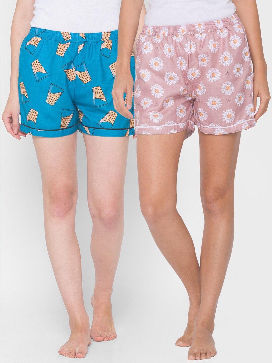 fashionrack-women-pack-of-2-pink-&-blue-printed-lounge-shorts