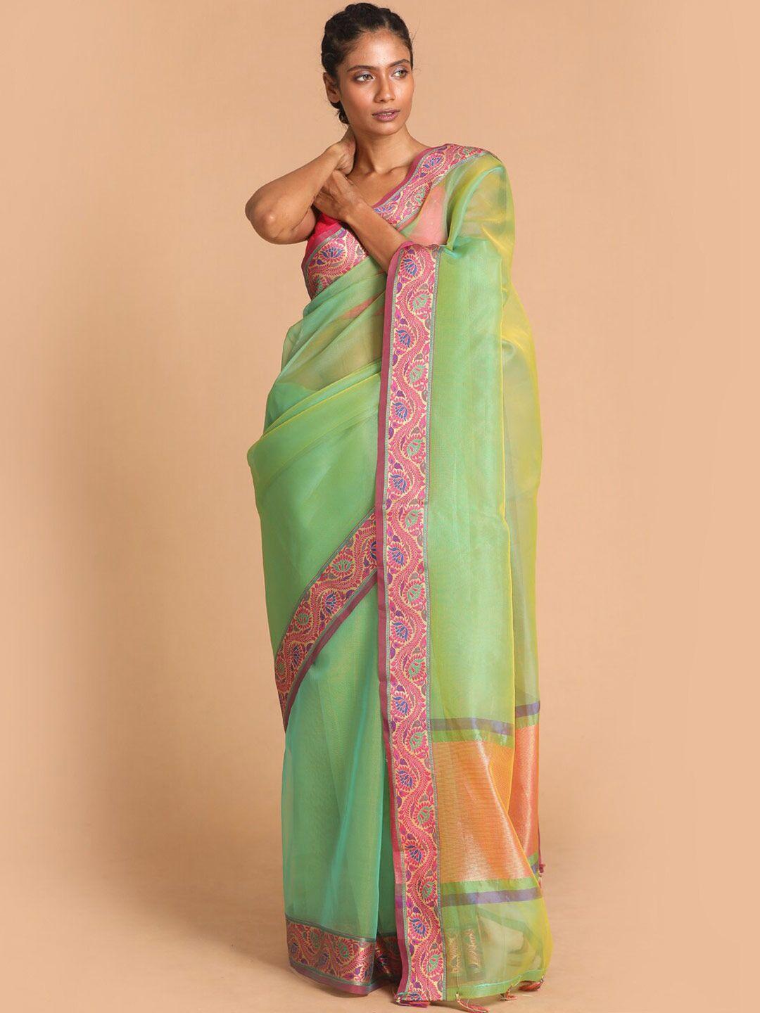 indethnic-green-&-pink-ethnic-motifs-zari-banarasi-tissue-saree