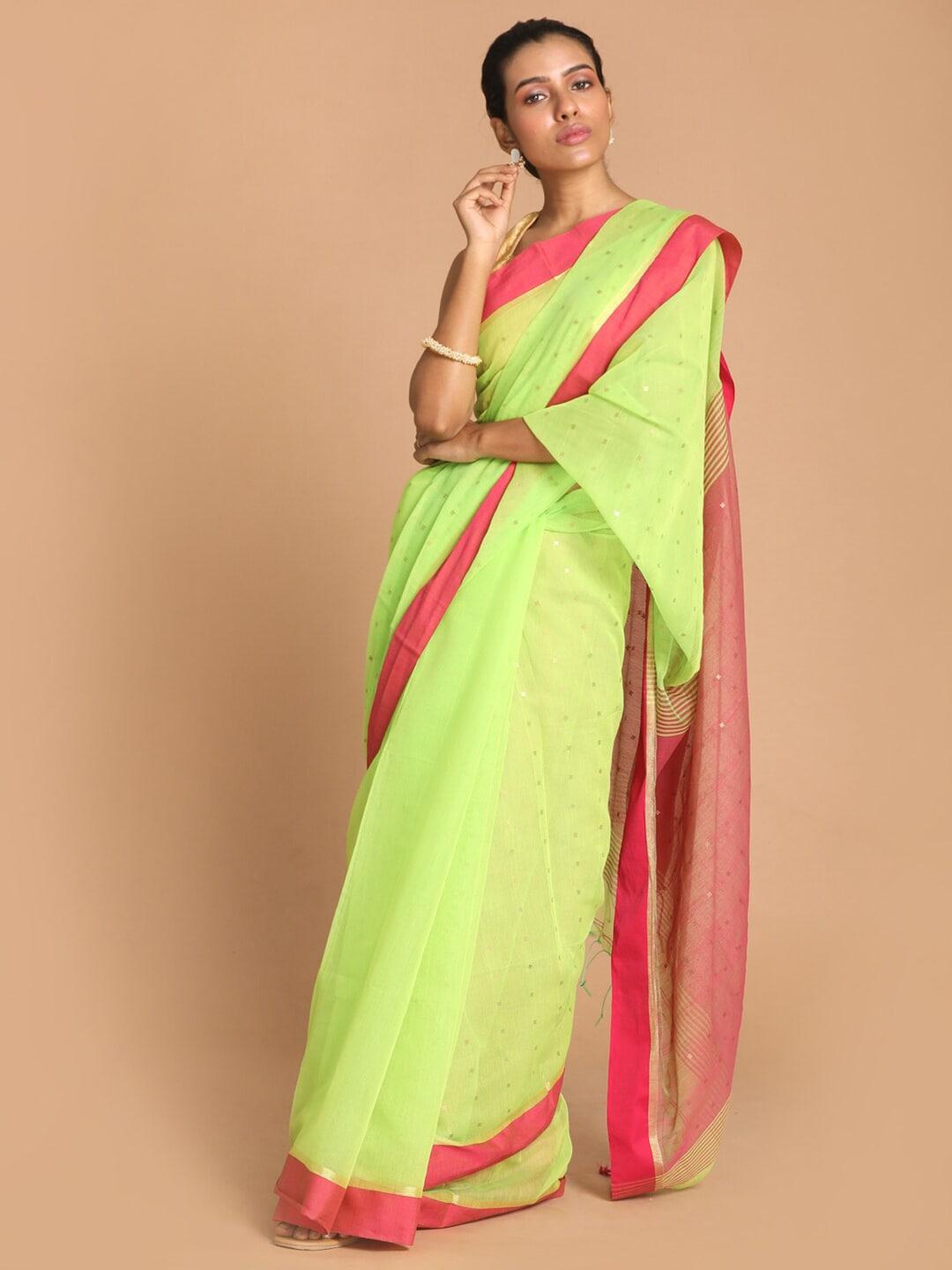 indethnic-lime-green-&-pink-jamdani-saree
