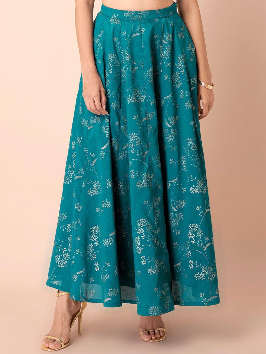 indya-women-teal-blue-&-silver-coloured-foil-printed-flared-maxi-skirt