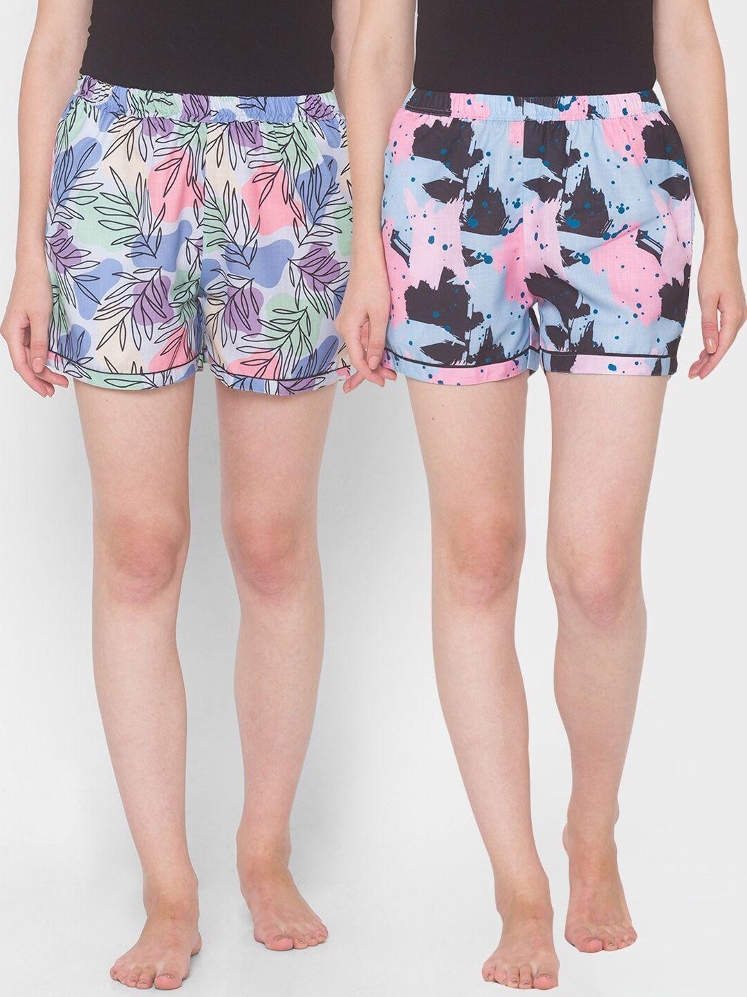 fashionrack-women-pack-of-2-blue-&-pink-printed-cotton-lounge-shorts