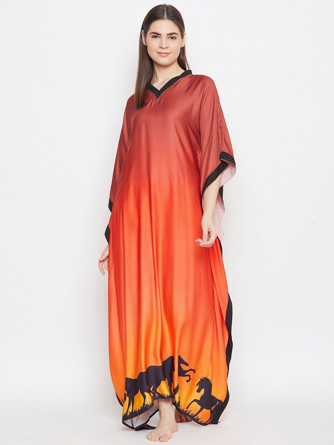 the-kaftan-company-brown-&-orange-printed-maxi-kaftan-nightdress