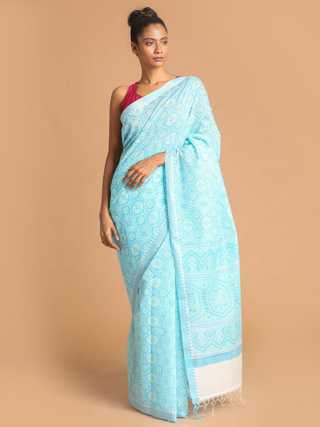 indethnic-blue-&-white-ethnic-motifs-saree