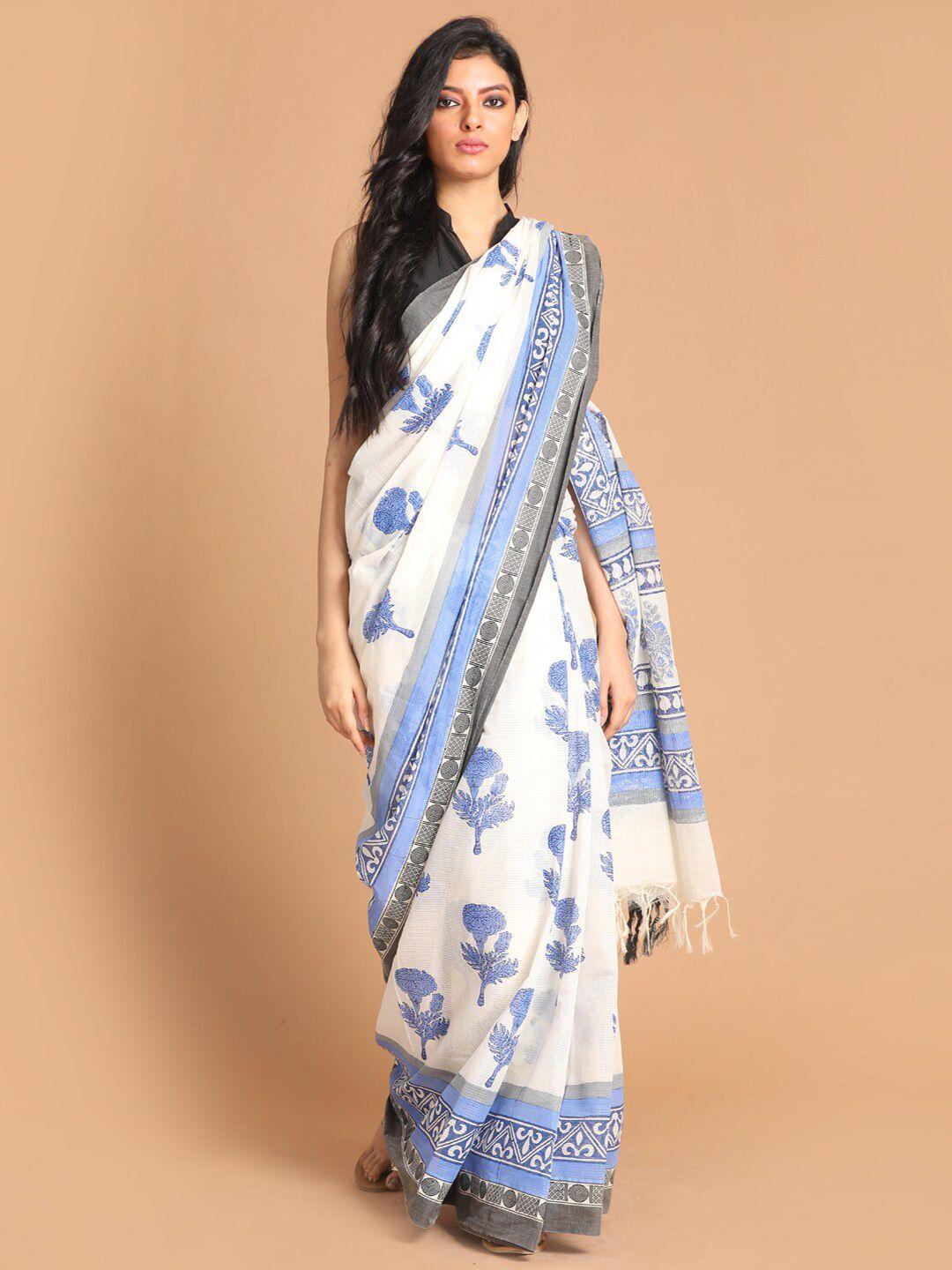 indethnic-blue-&-white-ethnic-motifs-pure-cotton-block-print-saree
