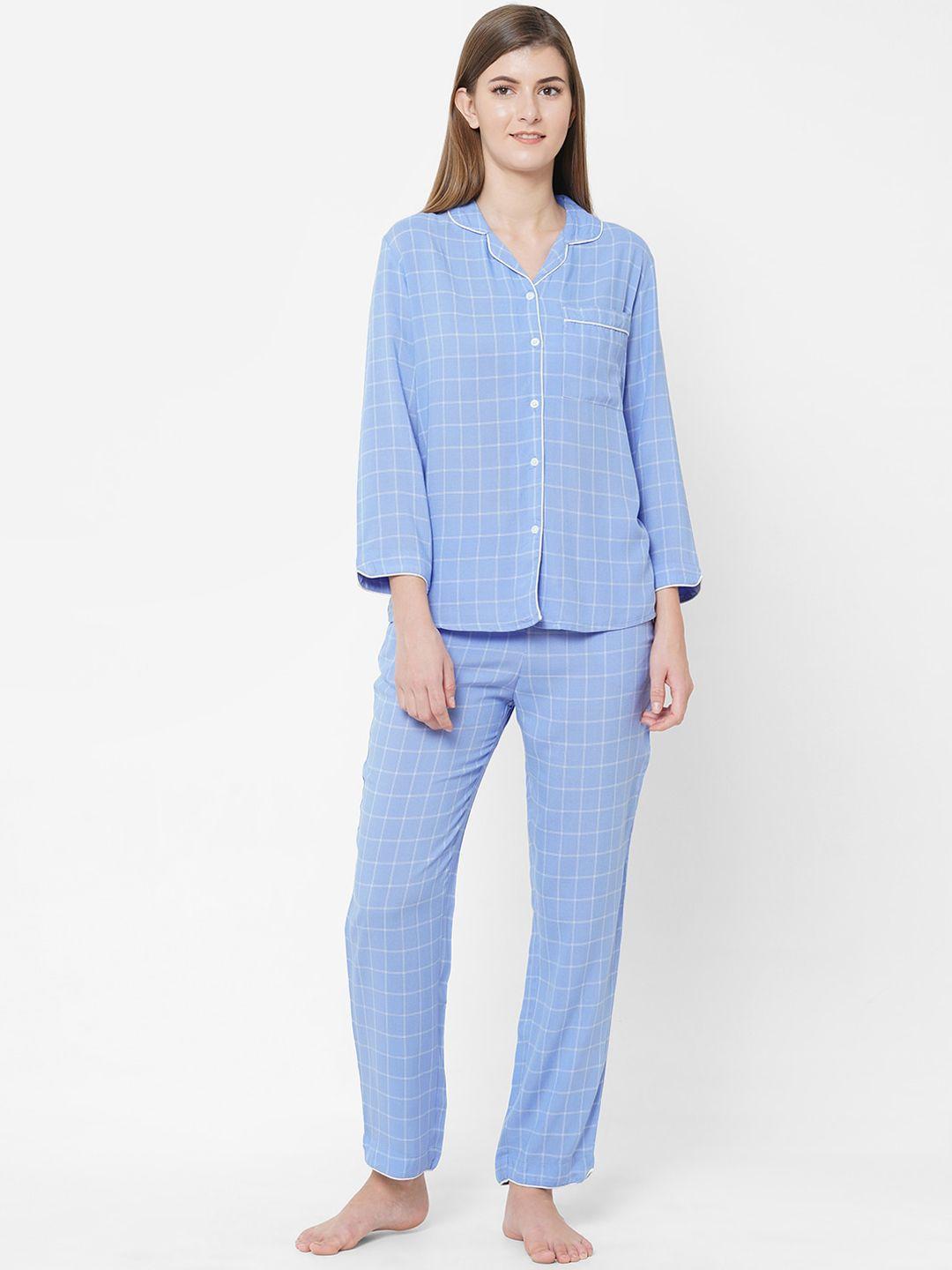 mystere-paris-women-blue-&-white-checked-night-suit