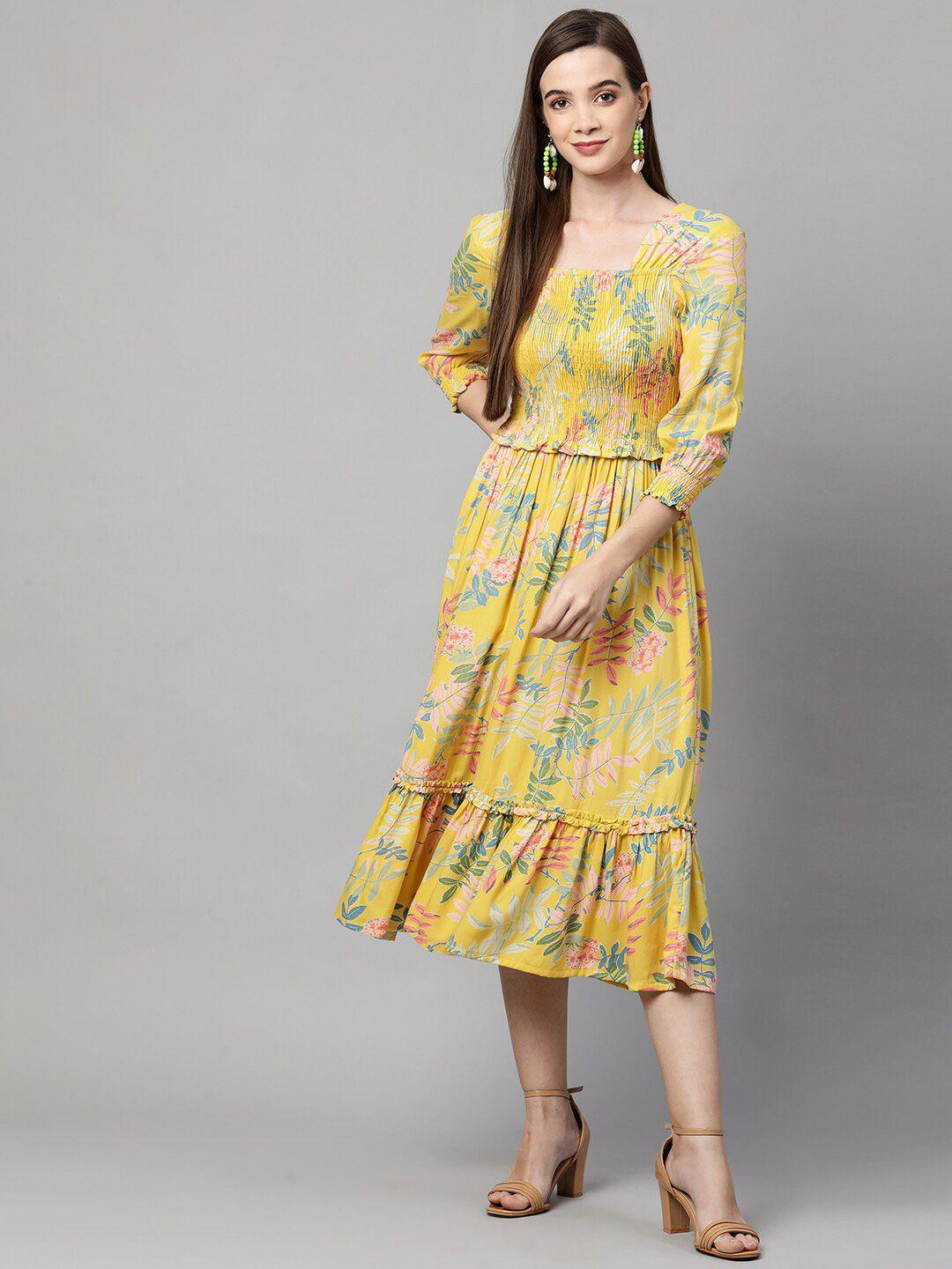 fashor-woman-yellow-floral-a-line-midi-dress