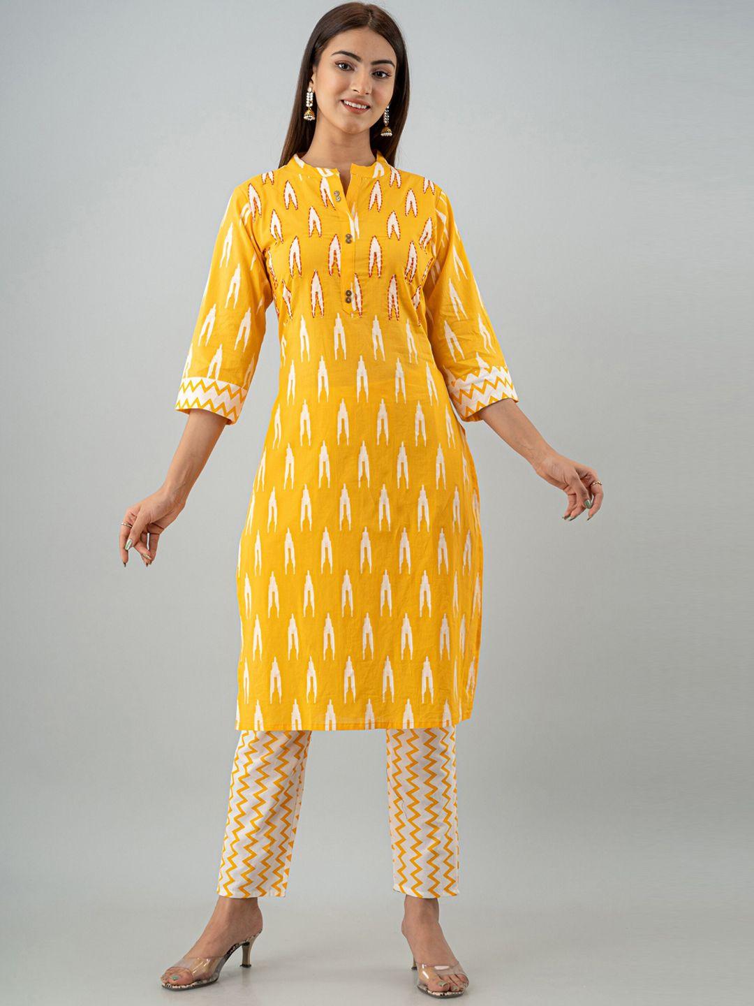 kalini-woman-yellow-printed-pure-cotton-kurta-with-trousers
