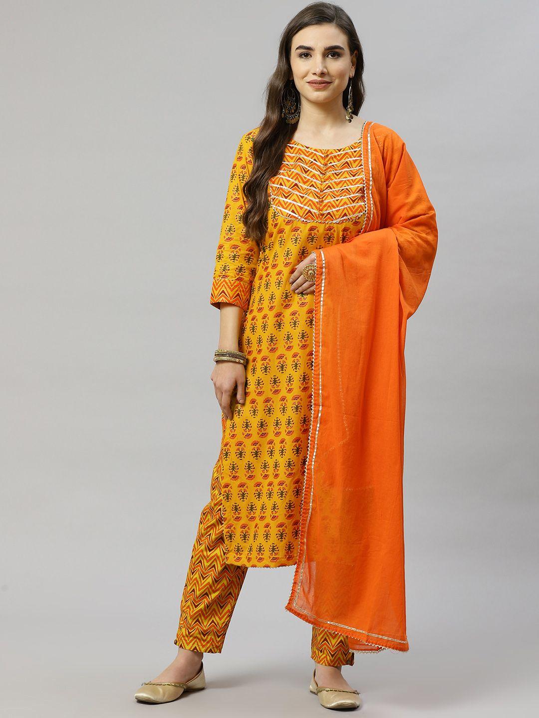 highlight-fashion-export-women-mustard-yellow-printed-gotta-patti-kurta-with-trousers-&-with-dupatta