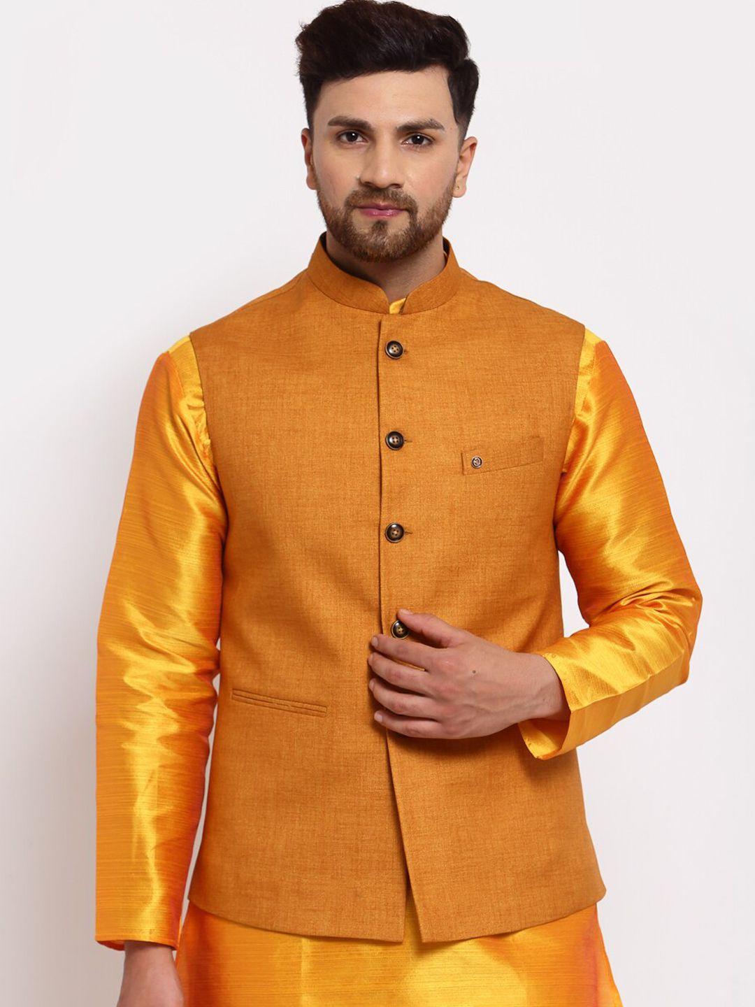 mohanlal-sons-men-mustard-yellow-coloured-solid-woven-nehru-jacket
