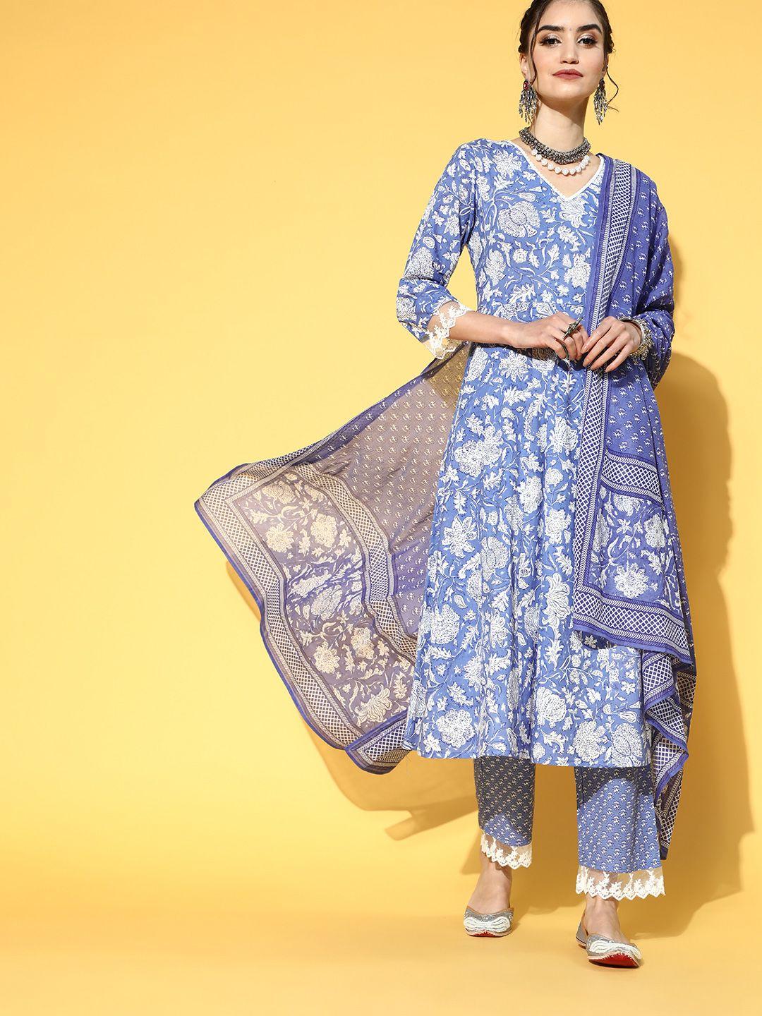 yufta-women-blue-&-white-floral-printed-lace-work-cotton-kurta-with-palazzos-&-dupatta