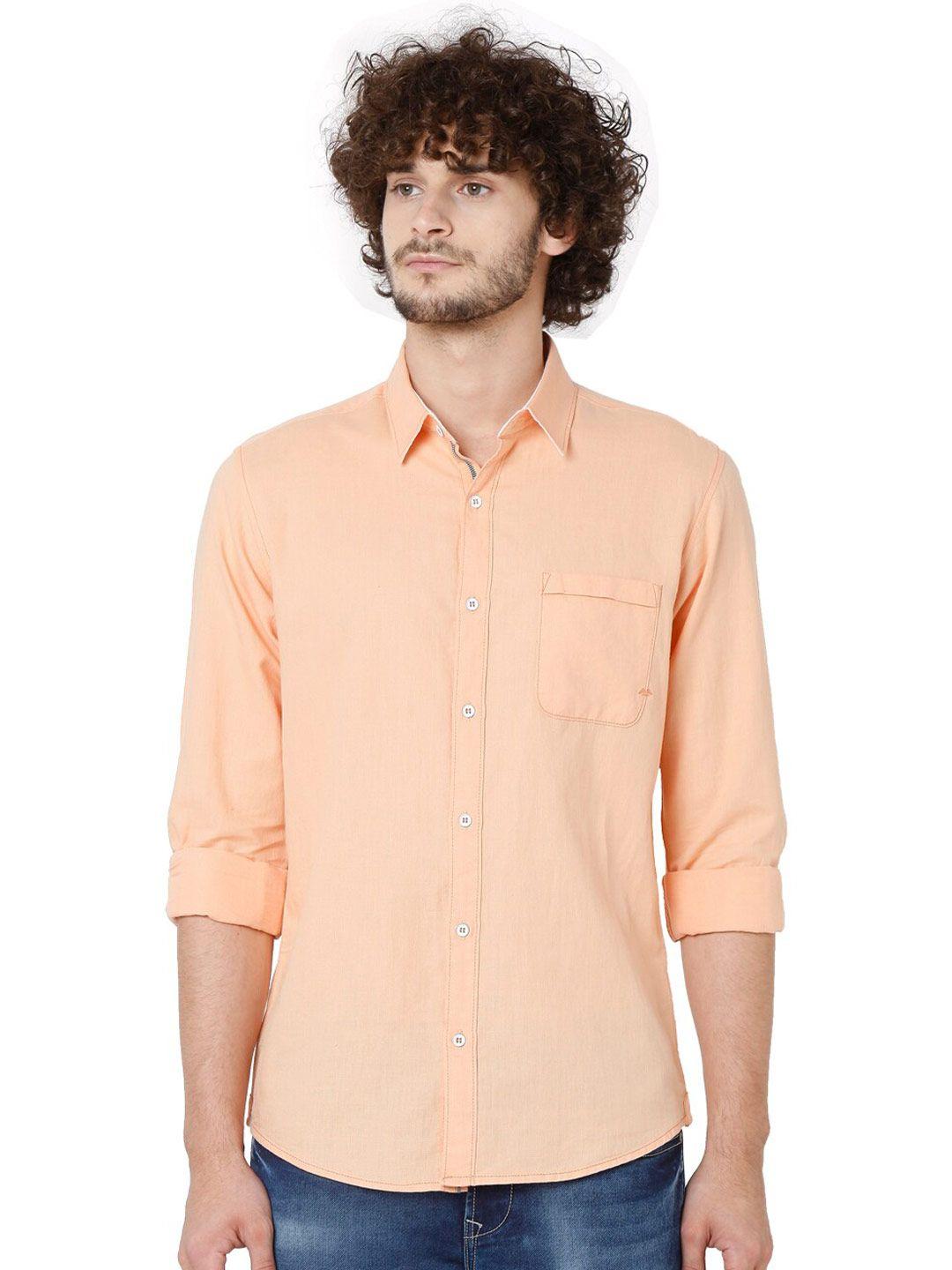 mufti-men-peach-coloured-slim-fit-casual-shirt