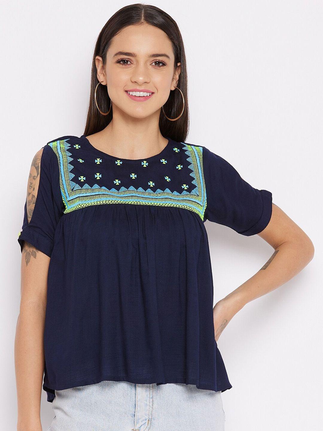 winered-women-navy-blue-rayon-embroidered-yoke-a-line-top