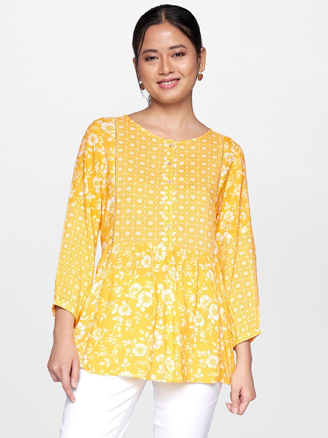 global-desi-yellow-&-white-floral-print-gathered-top