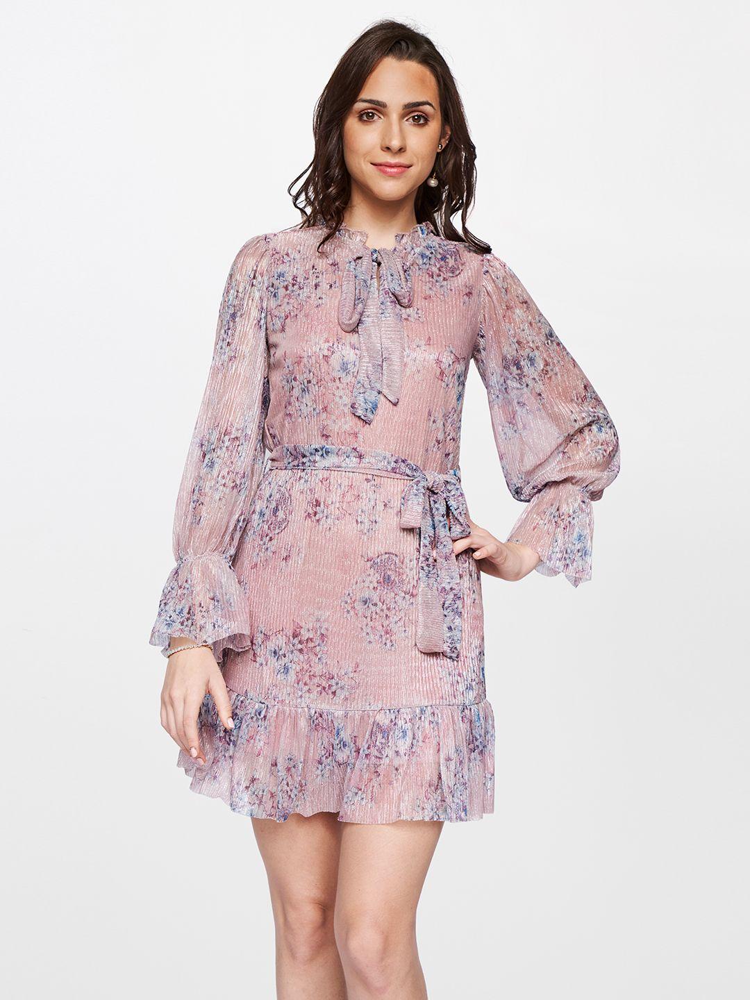 and-floral-print-tie-up-neck-bell-sleeve-a-line-dress