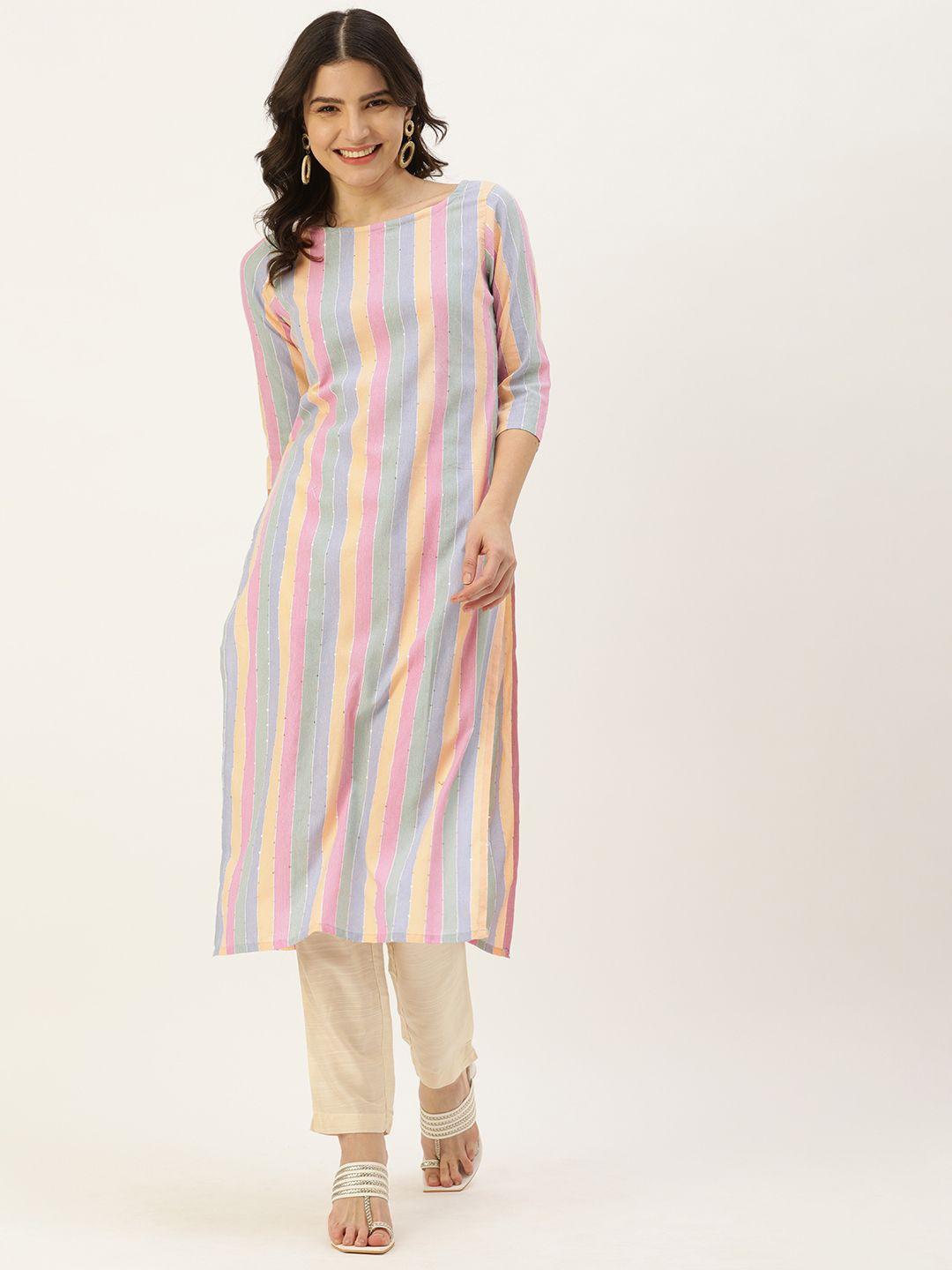 saanjh-multicolor-striped-cotton-blend-straight-kurti